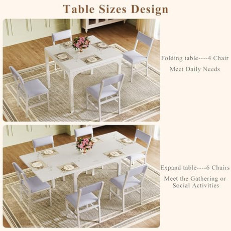 7-Piece Dining Table Set for 4-6, Extendable Kitchen Table Cushion Chairs Set of 6 with 6 Chairs, Rectangle Dining Table with Metal Frame & MDF Board, Folding for Small Apartment Saving Space, White HUAHUU