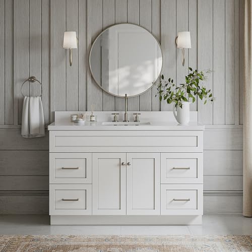ARIEL Hamlet 55" White Bathroom Vanity with Sink, 1.5" Edge Pure White Quartz Countertop & Backsplash, Rectangular Sink, 2 Soft Closing Doors, 4 Full Extension Dovetail Drawers, Built in Toe Kick ARIEL