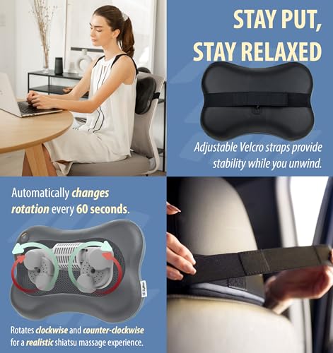 Zyllion Shiatsu Back and Neck Massager with Heat - 3D Electric Kneading Deep Tissue Massage Pillow for Muscle Pain Relief, Black, ZMA-13 Zyllion