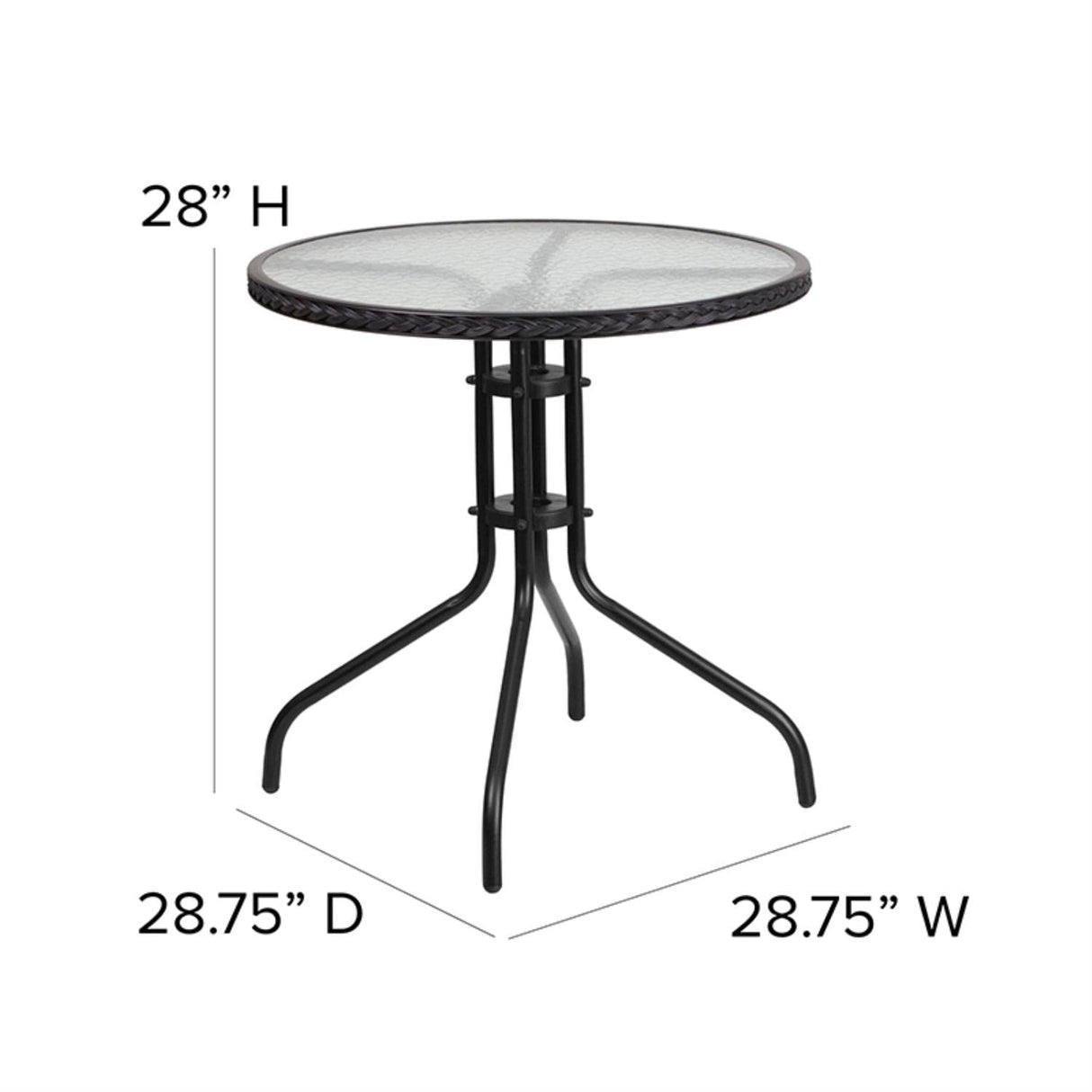 Flash Furniture Lila 28'' Round Glass Metal Table with Black Rattan Edging and 2 Black Rattan Stack Chairs Flash Furniture