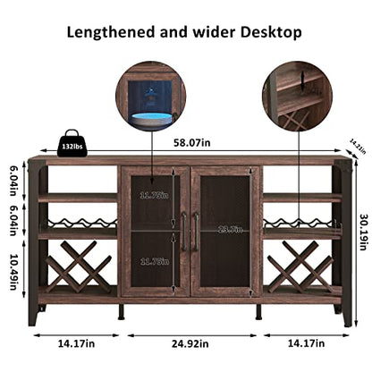 Vabches Wine Bar Cabinet for Liquor and Glasses, Farmhouse Coffee Bar Cabinet with LED Strip, Liquor Cabinet Bar, Sideboard Buffet Cabinet with Storage, 58 in(L)