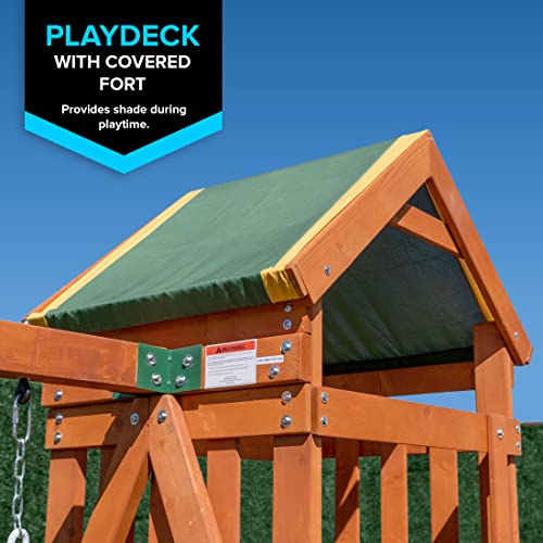 Sportspower Scottsdale Wood Swing Set: 2 Adjustable Swings, Sandbox, Rock Climber, Covered Deck, 1 Slide - Exceeds ASTM Safety Standards - WoodArtSupply