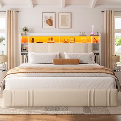 EnHomee King Size Bed Frame with 4 Storage Drawers, Upholstered Platform King Bed Frame with Headboard & LED Lights & Charging Station, Noise Free, No Box Spring Needed, Beige EnHomee