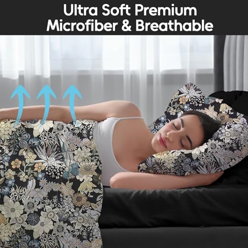 LONAVA Flower King Size 6 Pcs Sheet Set, Breathable Microfiber Deep Pocket Black Fitted Sheets, Comfy & Breathable Patterned Flat Sheets,4 Gentle Soft Pillowcases, Midnight Blossoms LONAVA