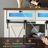 RALGEND Farmhouse Buffet Cabinet with LED Lights, 47" Coffee Bar Cabinet with Power Outlet, Kitchen Buffet Cabinet with 2 Drawers, Sideboard Cabinet, Sliding Barn Doors, White and Walnut 12CBUDWH RALGEND