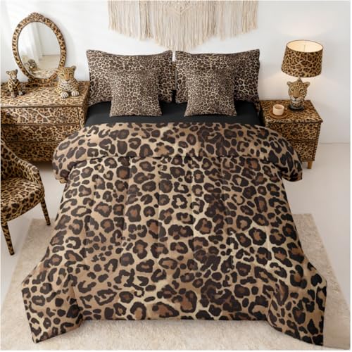 Erosebridal Leopard Print 7 Piece Bedding Set Queen Cheetah Decor Comforter Set with Sheets Geometric Modern Bed in A Bag African Safari Animal Bed Sets with 2 Pillowcases, 2 Throw Pillow Covers Erosebridal