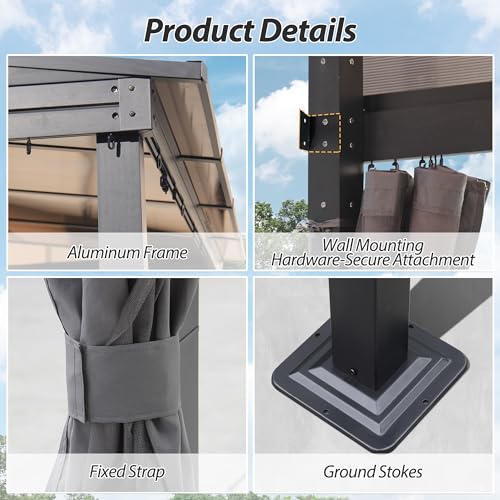 QZEN 10' x 10' Hardtop Lean to Gazebo, Wall Mounted Gazebo with Sloping Polycarbonate Roof and Netting & Curtain, Aluminum Frame Gazebo for Garden, Lawn, Backyard Deck (10’x10’) QZEN