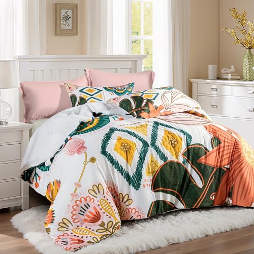 Tyrot Boho Floral Queen Comforter Set - 3 Piece Farmhouse Botanical Bedding Comforter Sets for All Season Soft Lightweight Mid Century Modern Bed Set, (1 Reversible Comforter and 2 Pillow Shams Tyrot