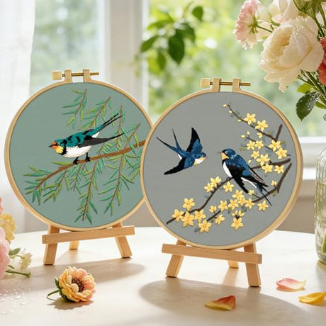 ERKOON Embroidery Kit for Beginners, 2 Set Floral Cross Stitch Set Include Embroidery Cloth Hoops Threads for Craft Lover Hand Stitch with Embroidery Skill Techniques (Hummingbird) ERKOON