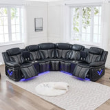 Power Electric Recliner Sectional Sofa Couch with Bass Speakers for Living Room, Faux Leather Sectional Reclining Corner Couches Sets with LED Lights, Home Theater Sectionals with Recliners, Black