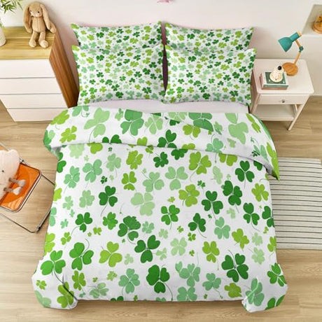 Aesthetic Duvet Cover Set Green - Single 3-Piece Double-Sided Printed Bedding with Minimalist Clover Modern Design, Ultra-Soft Microfiber Quilt Cover with Zipper for a Calm Generic