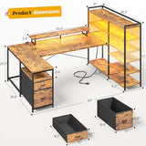 DurayLoly L Shaped Desk with Monitor Stand, 63'' Reversible U Shaped Office Desk with 6 Tire Storage Shelves & 2 Fabric Drawers, Gaming Desk with Power Outlet & LED Strip, Rustic Brown DurayLoly