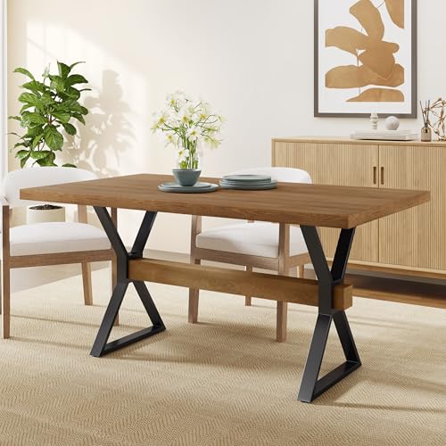 Christopher Knight Home Keyats 63 Inch Dining Table for 6 People, Modern Farmhouse Kitchen Table with X-Shaped Metal Legs, Rectangular Dinner Furniture for Dining Room, Home Office, Brown Christopher Knight Home