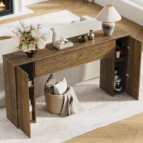FABATO 61'' Fluted Long Console Table, Wooden Rectangular Sofa Table Behind The Couch, Narrow Entryway Table with 2 Hidden Storage Cabinets for Entrance, Hallway, Living Room, Foyer, Brown FABATO