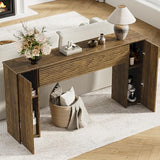 FABATO 61'' Fluted Long Console Table, Wooden Rectangular Sofa Table Behind The Couch, Narrow Entryway Table with 2 Hidden Storage Cabinets for Entrance, Hallway, Living Room, Foyer, Brown FABATO