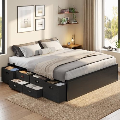 ADORNEVE Full Size Bed Frame with 6 Storage Drawers, Metal Platform Bed with Steel Slat Support, Footboard for Teen/Adult, No Box Spring Needed, Storage Space Under Frame,Easy Assembly, Black ADORNEVE
