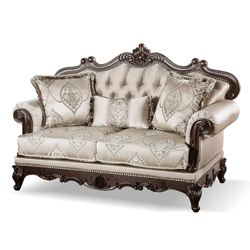 Furniture of America Adelaide Traditional Upholstered Sofa Set with Rolled Armrests, Wooden Loveseat and Comfortable Couch for Living Room, Office, 2-Piece Set, Dark Cherry/Beige Furniture of America