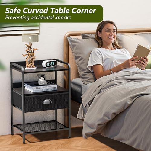 Night Stand with 1 Fabric Drawer and Sturdy Metal Frame, Modern Bedside Table Lightweight & Durable -55LB Load Capacity, Wear-Resistant & Easy-Clean Surface, Black YEYSHAOM