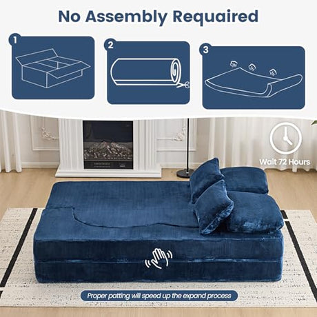 Orynveela Convertible Folding Sofa Bed, 78” Full Size Floor Sleeper Couch, Chenille Full Foam Futon Loveseat for Living Room Bedroom, No Assembly Required (Deep Blue) Orynveela