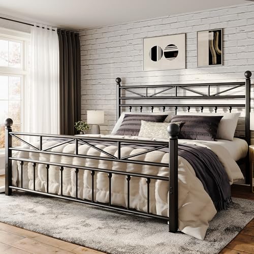 EnHomee 54" Metal King Bed Frame with Tall Headboard & Footboard, LED Light King Bed Frame, Strong Metal Slats Support and Noise-Free Design with Under Bed Storage/No Box Spring Needed/Black EnHomee