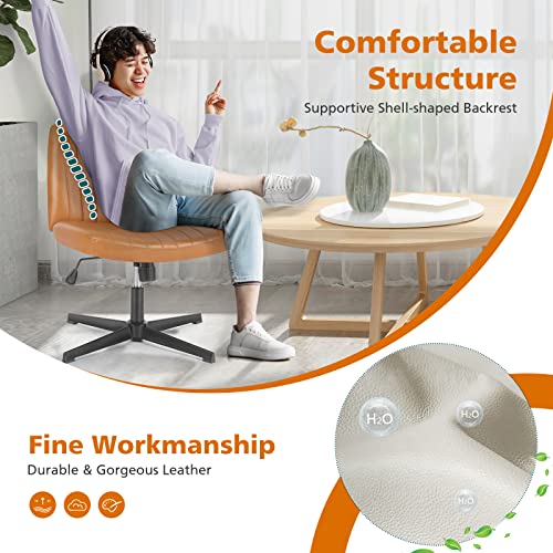 Sweetcrispy Criss Cross Chair Legged, Armless Office Swivel Desk Chair No Wheels, Vanity Height Adjustable Wide Seat Faux Leather Computer Task Seating for Home Bedroom Sweetcrispy