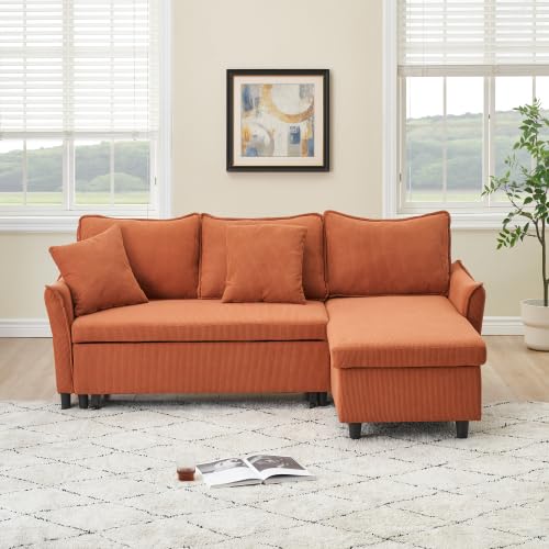 80'' Convertible Sectional Sofa Couch, 3 Seat L Shaped Sleeper Sofa Bed with Pillows and Storage Chaise, Pull Out Couch Bed Modern Corduroy Small Couches Futon for Living Room Apartment (Orange) anwickjeff