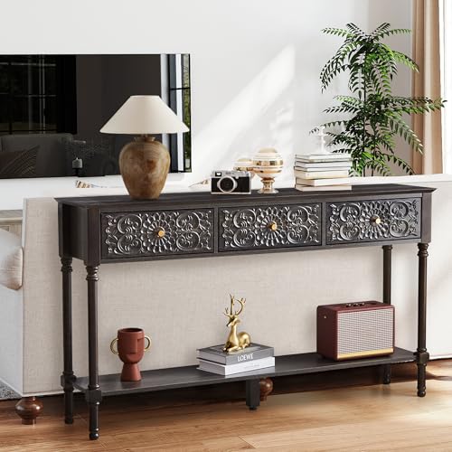 weselon 55.5" Carved Console Table with 3 Drawers, 2-Tier Sofa Table with Glossy Floral Surface and Solid Wood Legs, Mid-Century Modern Entryway Table for Living Room Hallway (Antique Black-Brown) weselon
