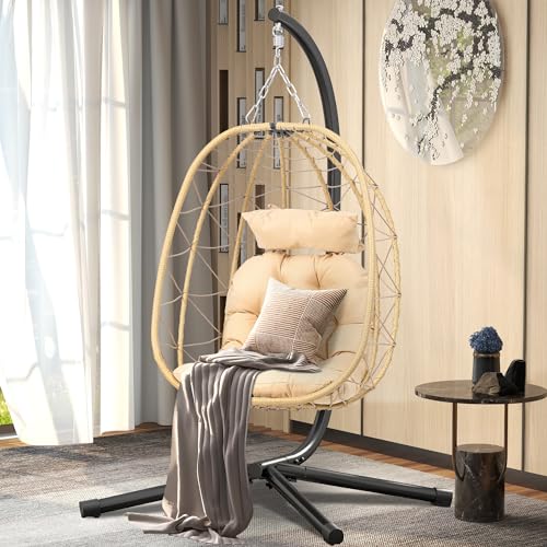 DWVO Egg Hanging Swing Chair with Stand Egg Chair Wicker Egg Chair with Cushions 330lbs for Patio, Bedroom, Garden and Balcony, Beige DWVO