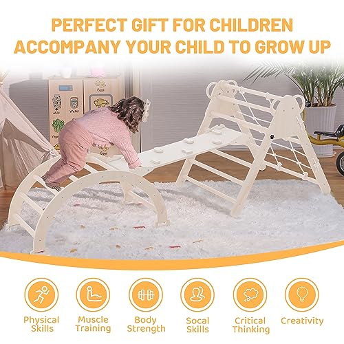 RMHDSLF Foldable Triangle Ladder, Toddler Indoor Gym Playset,Pikler Climber with Ramp Sliding or Climbing, Sturdy Wooden Montessori Climbing Set for Toddlers 2-6. RMHDSLF
