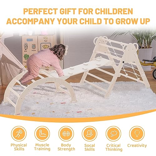 RMHDSLF Foldable Triangle Ladder, Toddler Indoor Gym Playset,Pikler Climber with Ramp Sliding or Climbing, Sturdy Wooden Montessori Climbing Set for Toddlers 2-6.