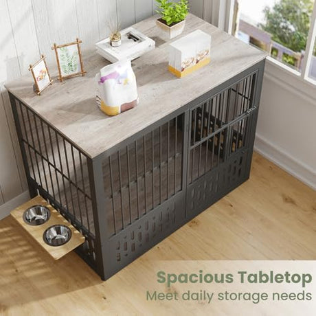 Yafylly 48 Inch XXL Dog Crate Furniture, Wooden Chewproof Dog Kennel with Interactive Window, 360° Adjustable Bowls (5 Heights), Storage Table Top, Heavy Duty XL Dog Crate for Medium Large Dogs, Gray Yafylly