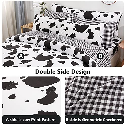 SUCSES Cow Print Queen Comforter Set with Sheets 8Pcs Bed in A Bag Queen Size Bedding Set Geometric Black and White Duvets for All Season SUCSES