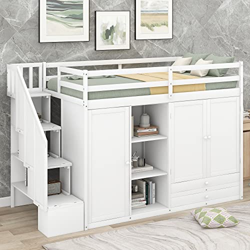 Merax Twin Loft Bed with Stairs, Functional Loft Bed with Wardrobe, Shelves and Drawer, Wooden Loft Bed Frame, No Box Spring Needed Merax