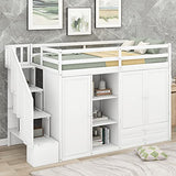 Merax Twin Loft Bed with Stairs, Functional Loft Bed with Wardrobe, Shelves and Drawer, Wooden Loft Bed Frame, No Box Spring Needed Merax