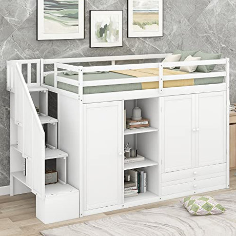 Merax Twin Loft Bed with Stairs, Functional Loft Bed with Wardrobe, Shelves and Drawer, Wooden Loft Bed Frame, No Box Spring Needed Merax