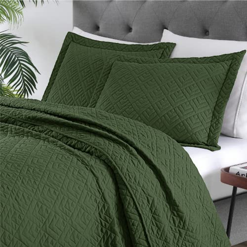 EXQ Home Quilt Set Full Quilts Queen Size Olive Green 3 Piece,Lightweight Soft Coverlet Modern Style Squares Pattern Bedspread Set(1 Quilt,2 Pillow Shams) EXQ Home