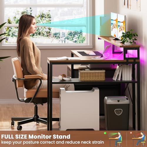 Aheaplus L Shaped Desk with File Drawer, Reversible L Shaped Computer Desk Gaming Desk with Power Outlet & LED Strip, Home Office Desk Corner Desk with Monitor Shelf, Storage Shelves, Rustic Brown Aheaplus