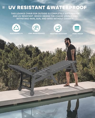 SERWALL Patio Chaise Lounge Chair Set of 2, 78'' Long 5-Positions Adjustable HDPE Outdoor Lounger for Pool, Poly Lounge Chair with Rolling Wheels & Cup Holder for Poolside, Deck, Gray