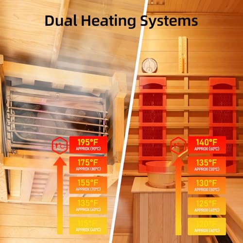 amocane Infrared & Steam Dual-System Sauna Room, 2-3 Person Canadian Red Cedar Wood Sauna with Recliner, Indoor Traditional Home Saunas Spa with 9 Heaters & 6KW Sauna Stove, Oxygen Bar amocane