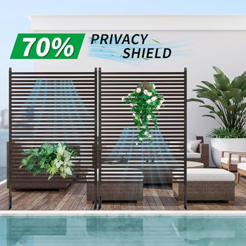Metal Outdoor Privacy Screen with Stand, 3 ft W x 6 ft H PE-Coating Steel Pipes and Slats Panels, Decoative Privacy Screen Fence Panels Freestanding for Outside Patio Garden Backyard, Brown OTOSUNNY