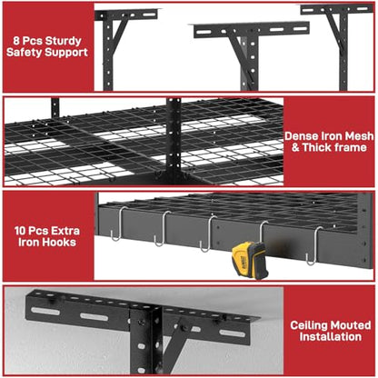 L Shaped Overhead Storage Rack with Stable Oxford Cover, Height Adjustable Garage Storage Organization System, Heavy Duty Reversible Garage Ceiling Storage Rack for Garage, Warehouse, Load 700LBS