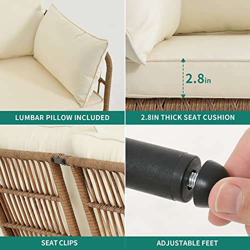 YITAHOME 4 Pieces Patio Furniture Set, Outdoor Rattan Woven Conversation Sectional L-Shaped Sofa with 5 Seater for Backyard, Porch, Boho Detachable Lounger with Cushions and Side Table - Beige YITAHOME