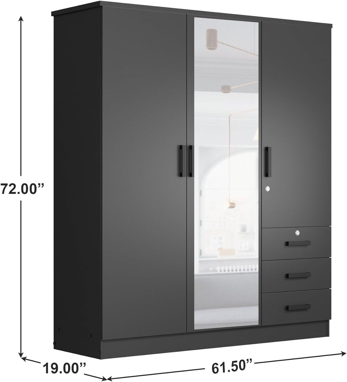 Jumbo 61" Wardrobe Large Mirror Door Closet 3 Doors and 3 Drawers Built for Storage Woodpeckers Furniture And Mattress