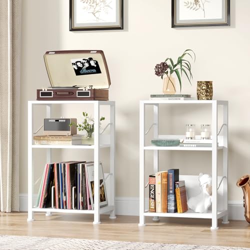 Hosfais 3 Tier Record Player Stand, Retro Vinyl Record Storage End Table Records Shelf for Living Room Bedroom (White) Hosfais