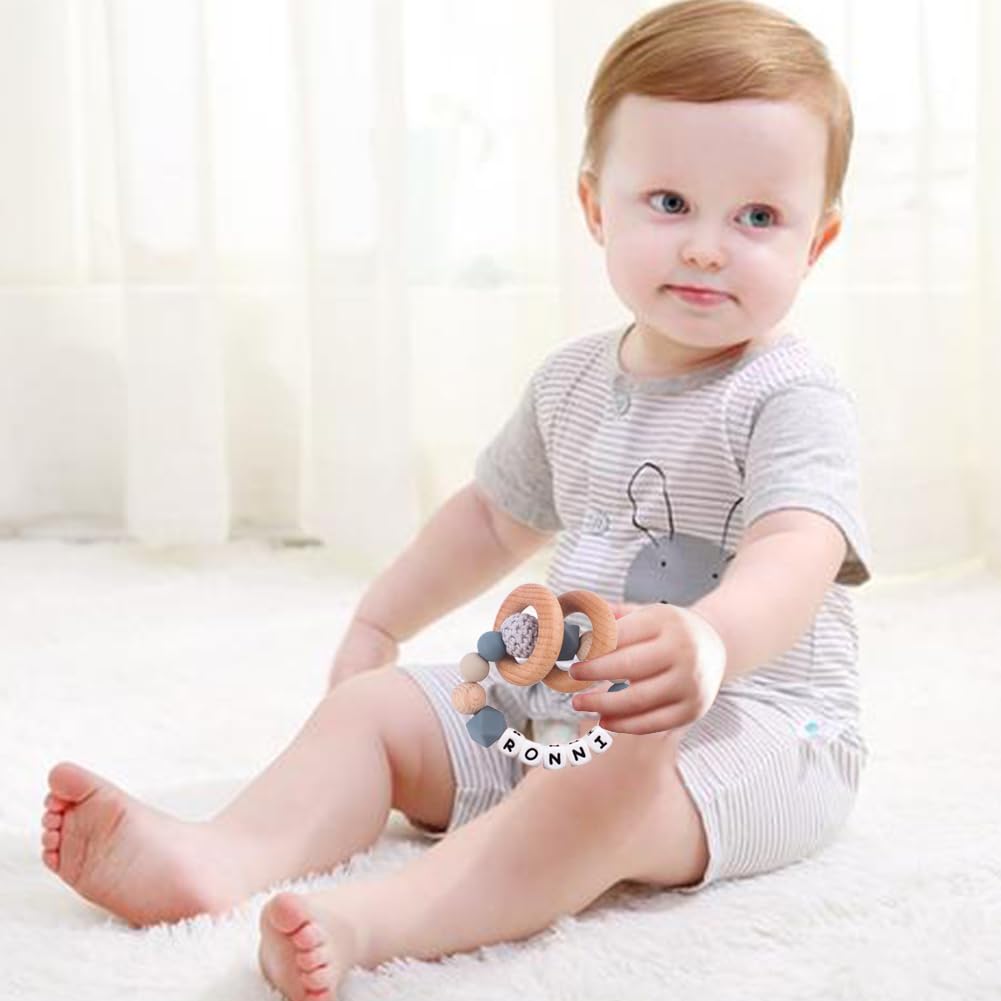 Personalized Baby Rattle Ring with Name,Custom Silicone Bracelet Rings Stroller for New Baby Newborn Shower Gift (Wooden Rings) Verxcty