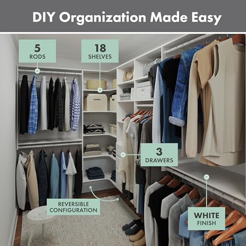 Easy Track PH43-WH Ultimate Corner Wood Kit Closet Organizer in White with White-Vinyl Hardware Easy Track