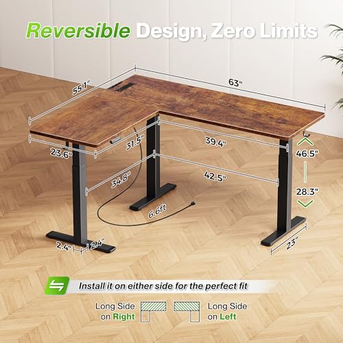 Huuger L Shaped Standing Desk with Power Outlets, 63 x 55 Inch Height Adjustable Computer Desk for Bedroom, Corner Stand up Desk for Home and Office, Work and Study, Rustic Brown Huuger