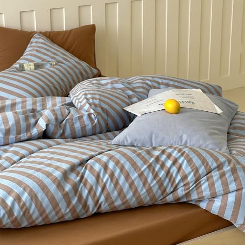 Striped Duvet Cover Set Full, 100% Washed Cotton Vintage Blue Brown Stripes Pattern Printed Comforter Cover, 3 Pieces Breathable Duvet Cover with 2 Pillowcases, Soft Farmhouse Striped Bedding Set LifeTB