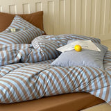 Striped Duvet Cover Set Full, 100% Washed Cotton Vintage Blue Brown Stripes Pattern Printed Comforter Cover, 3 Pieces Breathable Duvet Cover with 2 Pillowcases, Soft Farmhouse Striped Bedding Set LifeTB