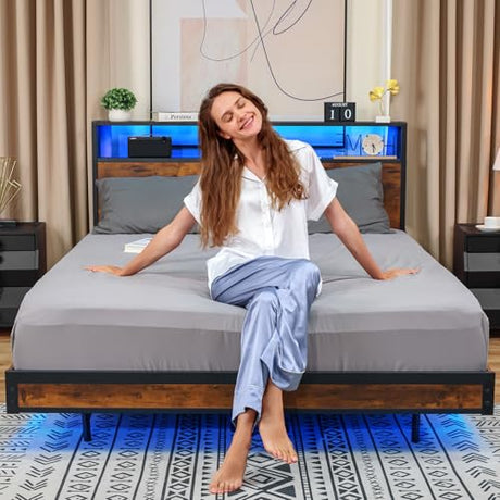 Queen Bed Frame with Storage Headboard and Charging Station, Metal Bedframe with LED Lights, Queen Size Platform Bed with Heavy Duty Slats, 100% Anti-Slip Mattress, No Box Spring Needed, Rustic Brown Susalt
